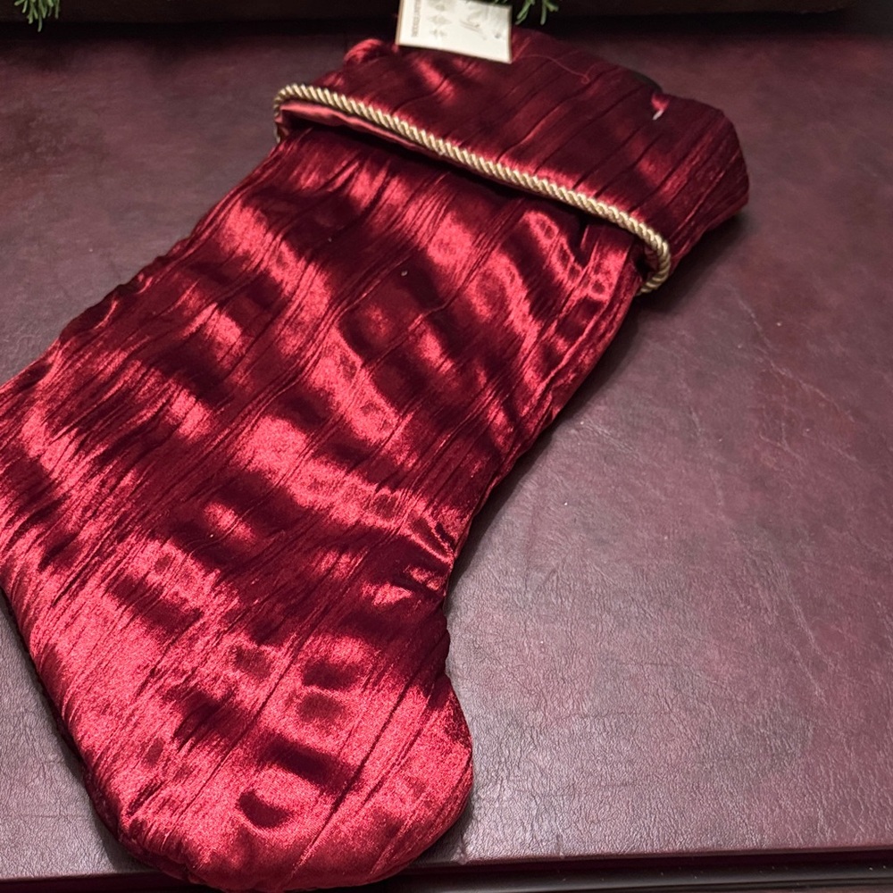 NWT Burgundy Crushed Velvet Christmas Stocking with Gold Cord Cuff - So Pretty!
